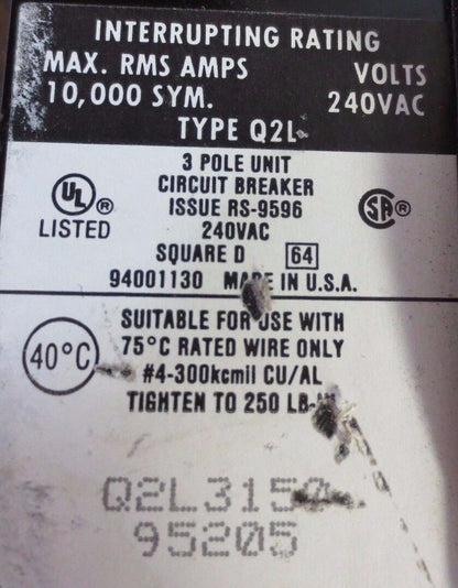 SQUARE D Q2L3150 CIRCUIT BREAKER 150A, 240VAC 3-POLE