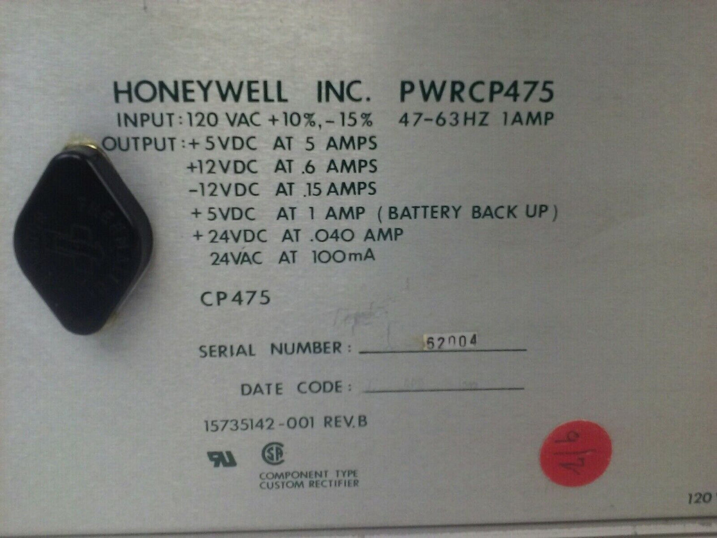 HONEYWELL PWRC475 CP475 POWER SUPPLY 120VAC @ 5 AMPS 157351142-001 REV B