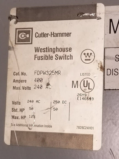 WESTINGHOUSE FDPW325MR 400 AMP 240 VOLT FUSIBLE SWITCH, 50 H.P., USED