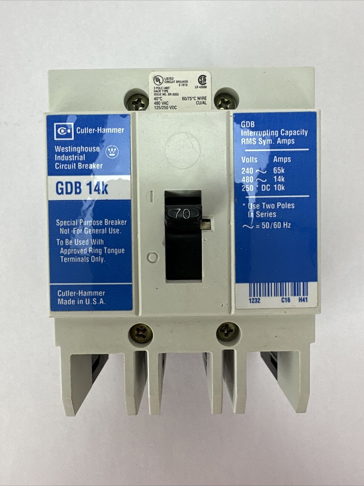 WESTINGHOUSE GDB3070D GDB 14K CIRCUIT BREAKER 70AMP 480VAC 250VDC 3P 4D12216G10