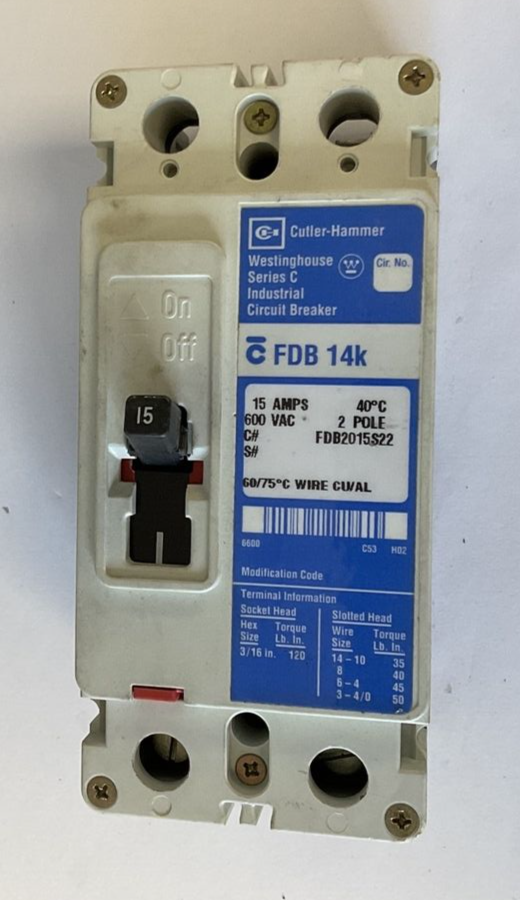 CUTLER HAMMER FDB2015S22 CIRCUIT BREAKER 15A 2POLE 600VAC