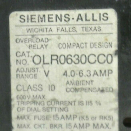 SIEMENS-ALLIS OLR0630CC0 OVERLOAD RELAY 4.0-6.3A