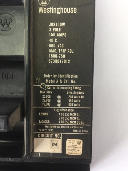 WESTINGHOUSE JB3150W CIRCUIT BREAKER 150A 600VAC 3POLE MAG TRIP ADJ 1500-750AMP