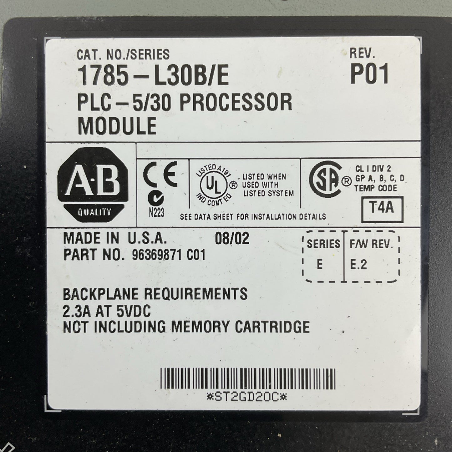 ALLEN BRADLEY 1785-L30B SER E REV P01 F/W REV E.2 PLC 5/30 PROCESSOR MODULE 5VDC