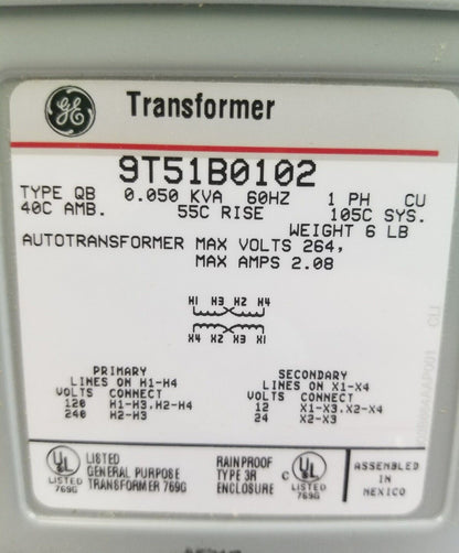 New GE 9T51B0102 Buck Boost Transformer GT1095 - 120x240V, 0.050 kVA