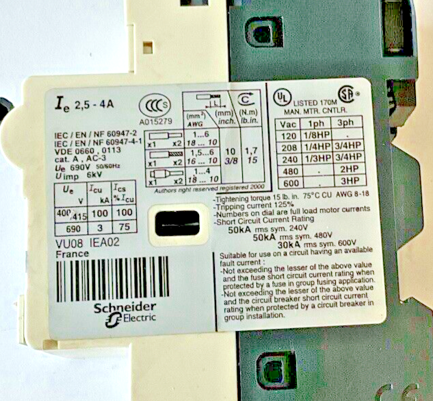 TELEMECANIQUE SQUARE D GV2-RT08 2.5-4A CIRCUIT BREAKER 600VAC