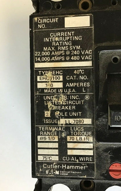 CUTLER HAMMER EHC3100 CIRCUIT BREAKER 480VAC