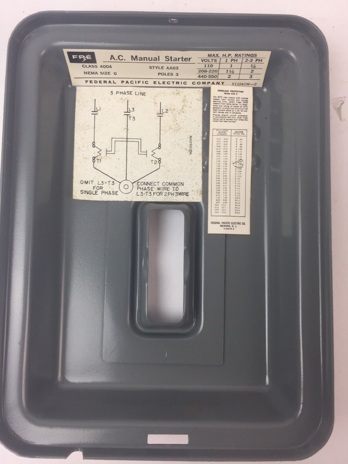 FPE 4004 AA03 A.C. MANUAL STARTER 550V NEMA SIZE 0 1 PH 3 HP 3 POLE