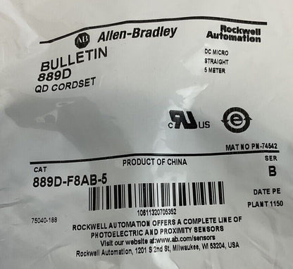 ALLEN BRADLEY 889D-F8AB-5 QD CORDSET 5 METER DC MICRO STRAIGHT SER.B