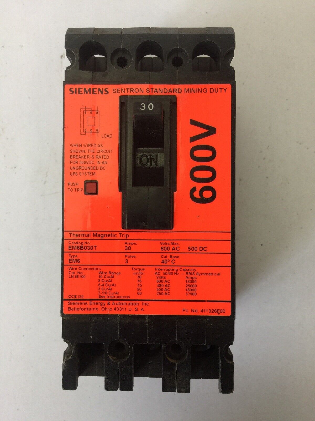 SIEMENS EM6B030T SENTRON STANDARD MINING DUTY BREAKER 30A 600VAC 500VDC 3 POLE