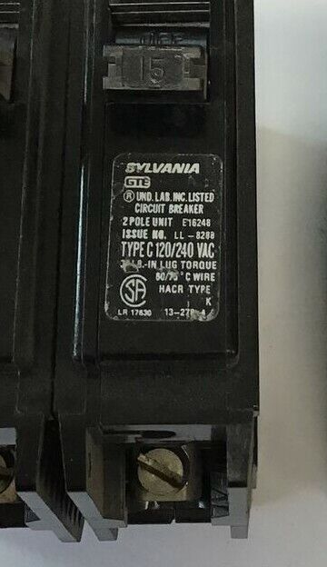 SYLVANIA C215 CIRCUIT BREAKER 15A 120/240VAC 2POLE