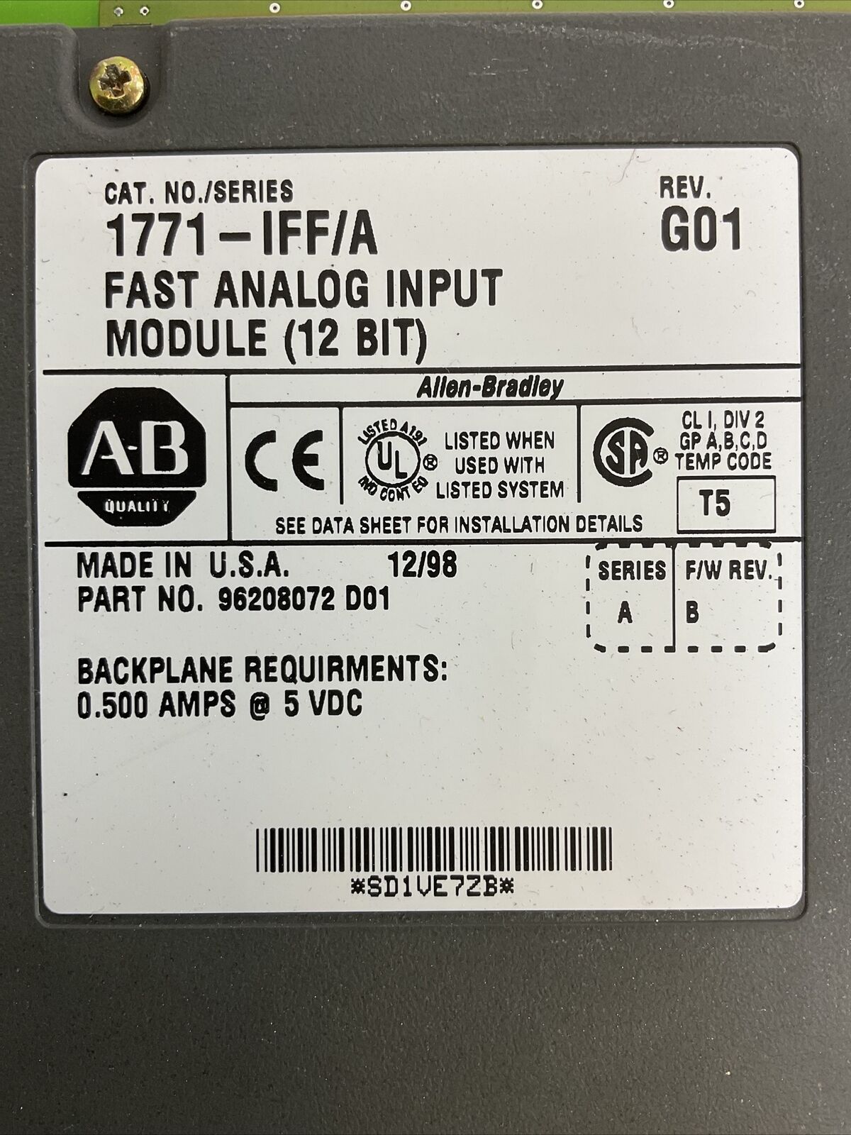 ALLEN BRADLEY 1771-IFF/A REV G01 FAST ANALOG INPUT (12 BIT) SER A F/W REV B 5VDC