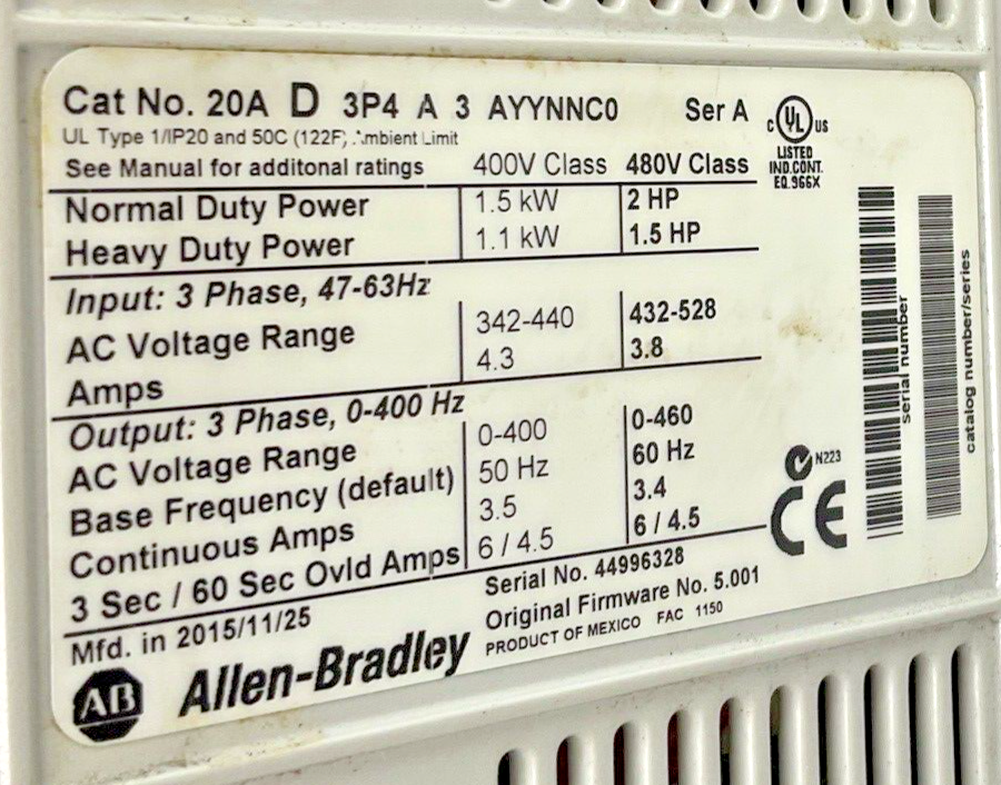 ALLEN BRADLEY 20AD3PA3AYYNNC0 POWERFLEX AC DRIVE SER.A FRMW:5.001