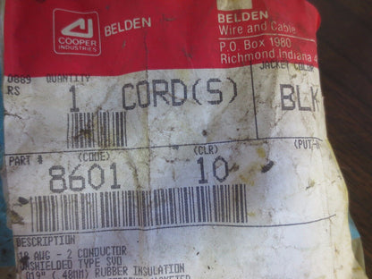 BELDEN 8601 BLK CORD, 18AWG, 2 CONDUCTOR, RETRACTILE CORD 300V - NEW SURPLUS