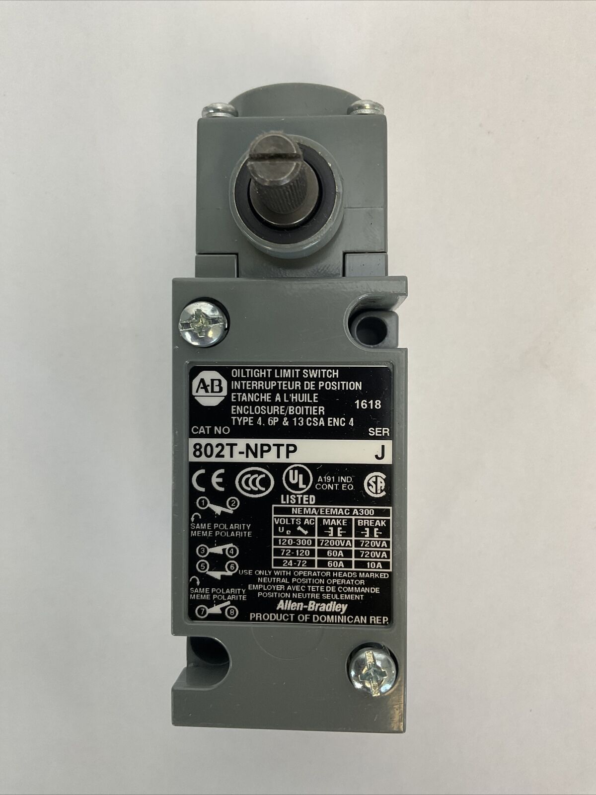 ALLEN BRADLEY 802T-NPTP SER J OILTIGHT LIMIT SWITCH