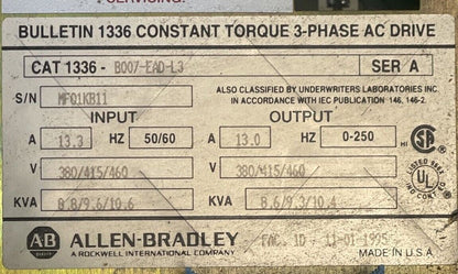 ALLEN BRADLEY 1336-B007-EAD-L3 AC DRIVE OUTPUT 8.6/9.3/10.4KVA 380/415/460VAC