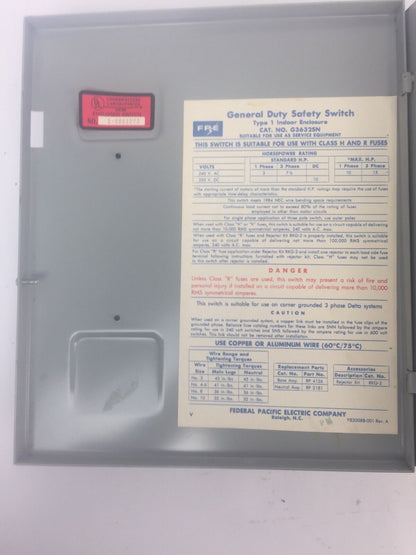 FPE H3632SN FUSIBLE SAFETY SWITCH 240VAC 250VDC 60AMP 15HP 3PH 3 POLE TYPE 1