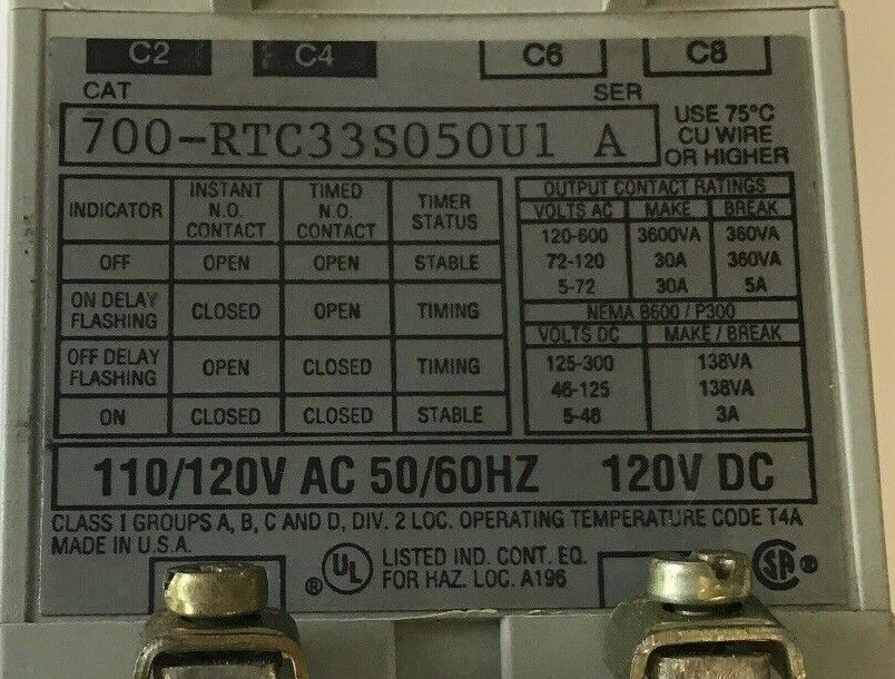 ALLEN BRADLEY 700-RTC33S050U1 SER A FIXED TIME DEL. SOLID STATE TIMER 120VDC/120