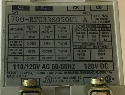 ALLEN BRADLEY 700-RTC33S050U1 SER A FIXED TIME DEL. SOLID STATE TIMER 120VDC/120
