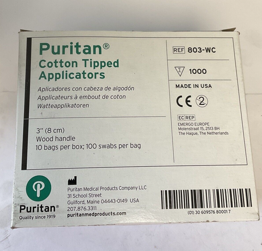 PURITAN 803-WC COTTON TIPPED APPLICATORS ****ONE CASE OF 1000, 100 PER PACK****