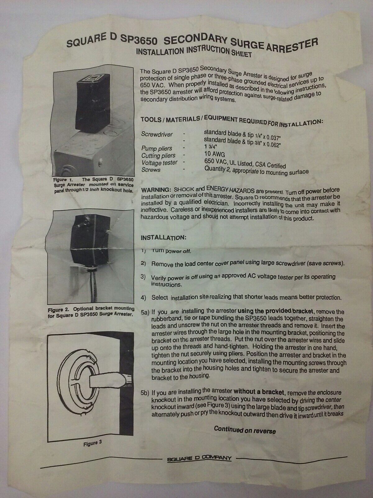 SQUARE D SP3650 SER.1 SECONDARY SURGE ARRESTER,650VAC,3-4 WIRE@ 600VAC,NEW OTHER