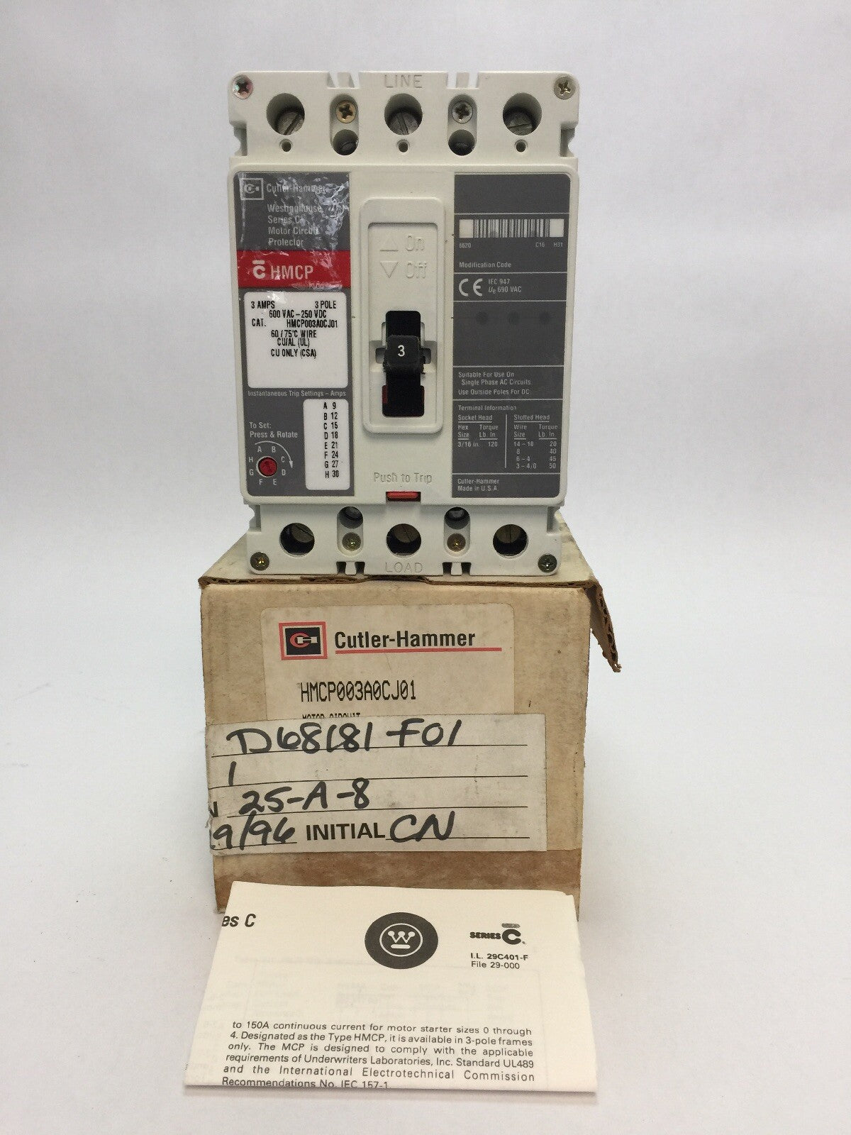 CUTLER-HAMMER HMCP003A0CJ01 MOTOR CIRCUIT PROTECTOR 600VAC 250VDC 3AMP SERIES C