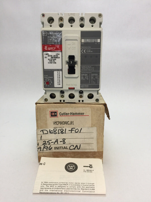 CUTLER-HAMMER HMCP003A0CJ01 MOTOR CIRCUIT PROTECTOR 600VAC 250VDC 3AMP SERIES C
