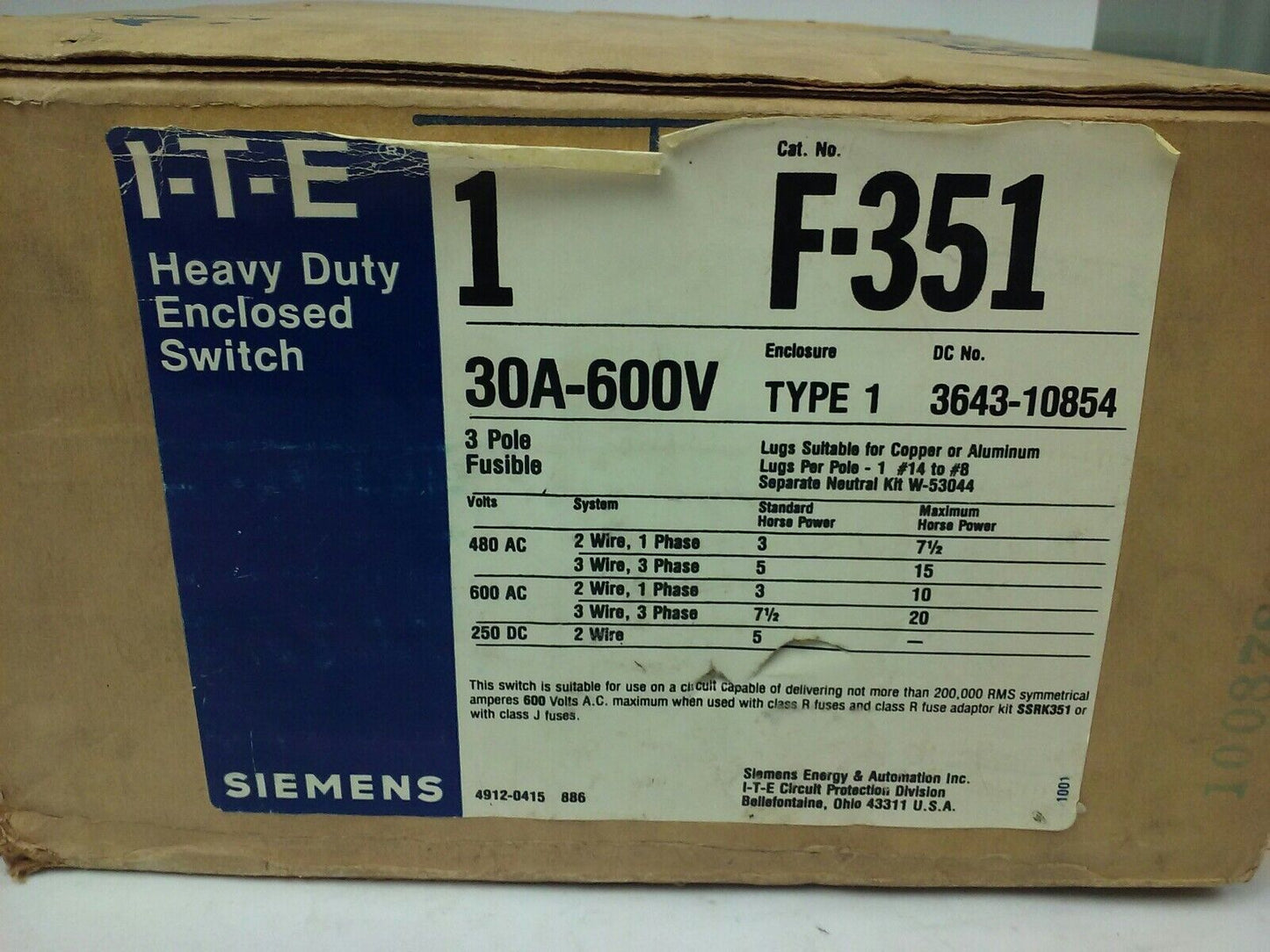 ITE SIEMENS F351, H.D. ENCLOSED SWITCH, 30A, 480/600V, 3P, FUSIBLE, 3PH, NEW