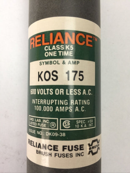 RELIANCE KOS175 CLASS K5 ONE TIME FUSE 175AMP 600VAC (LOT OF 3)