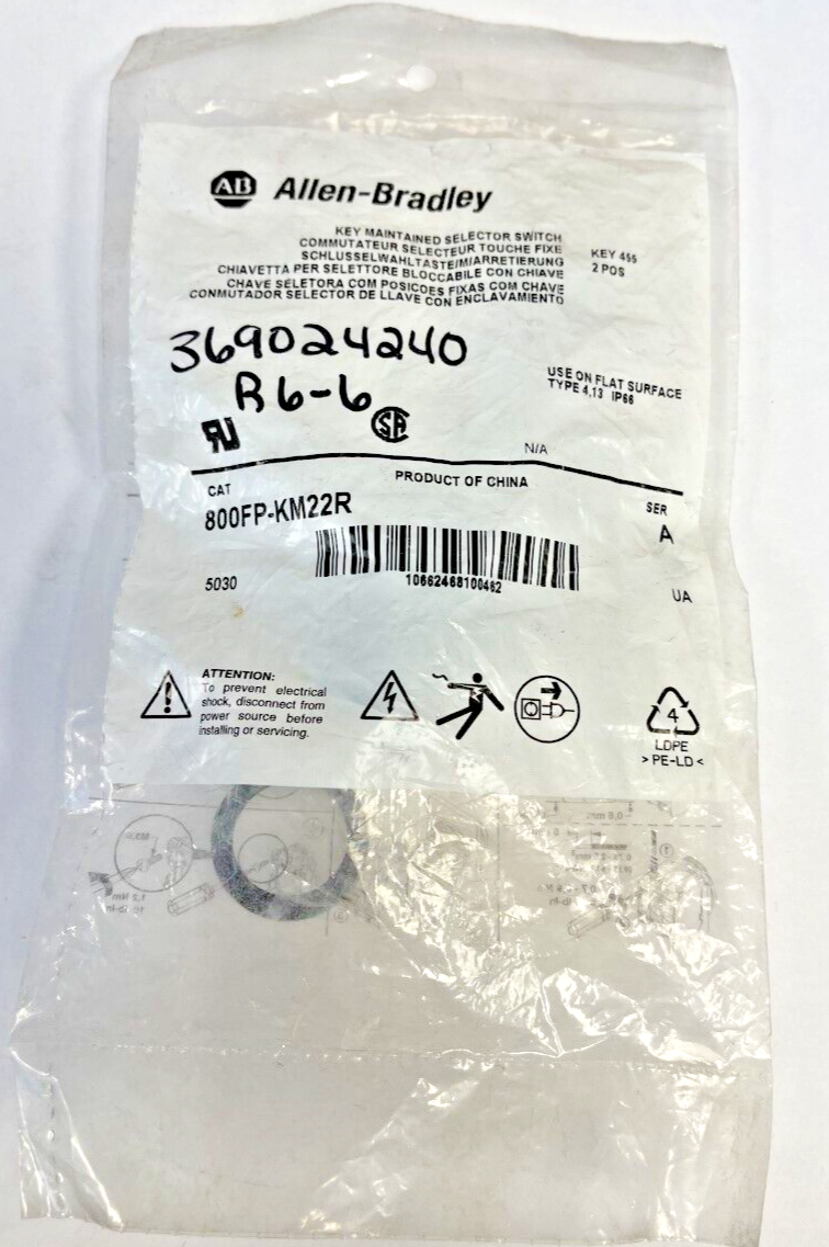 ALLEN BRADLEY - 800FP-KM22R - KEYED SELECTOR SWITCH - SERIES A