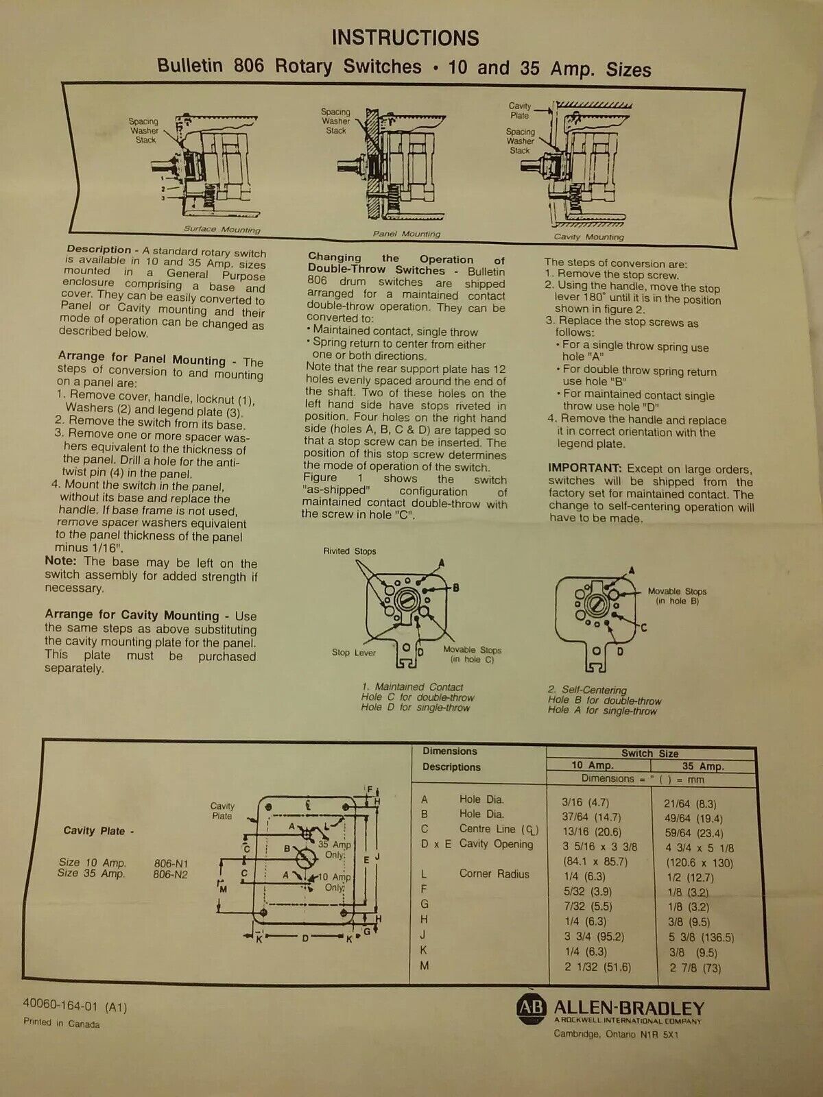 ALLEN BRADLEY 806-A62 SER. A, REVERSING DRUM SWITCH, 10A @ 600VAC,1A @ 115VDC