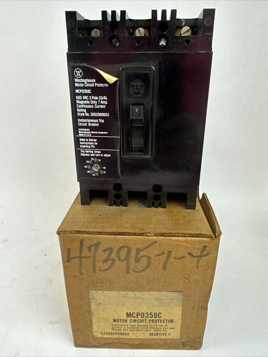 WESTINGHOUSE MCP0358C MOTOR CIRCUIT PROTECTOR 3P 7A 600VAC TRIP RANGE 18-58