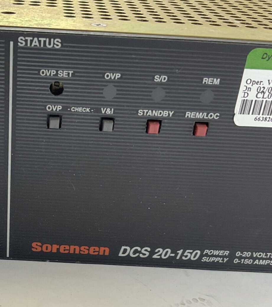 SORENSEN DCS 20-150 PROGRAMMABLE POWER SUPPLY 0-20VOLTS 0-150AMPS 250VAC 47-63HZ