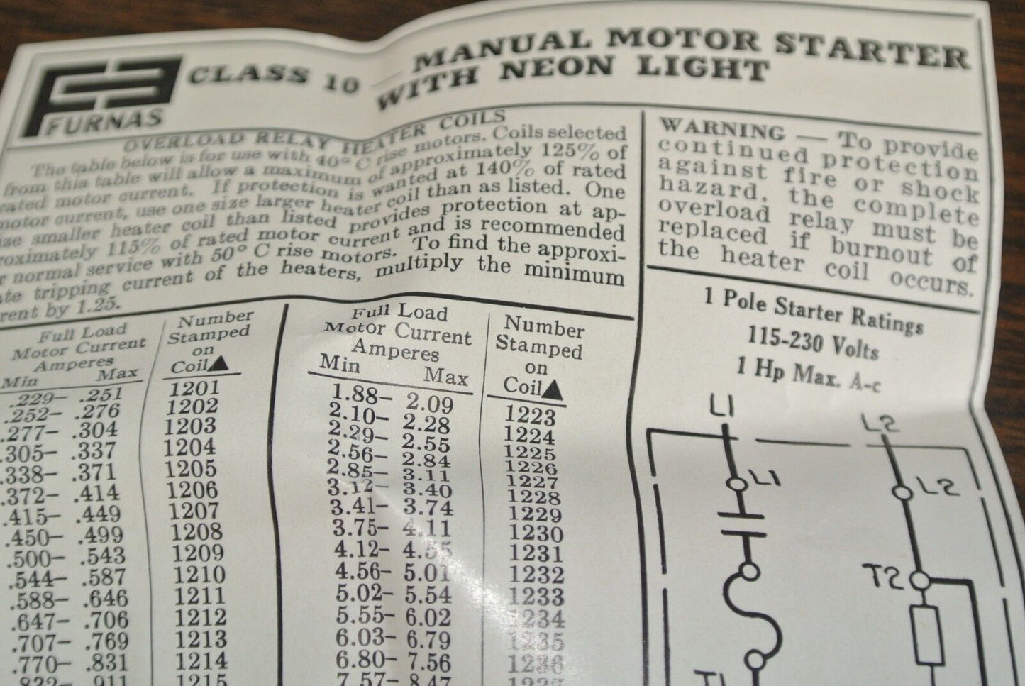 FURNAS 10BA1PB MANUAL STARTER 115/230V 1HP 1-PH 1-POLE OPEN w/ NEON PILOT LIGHT
