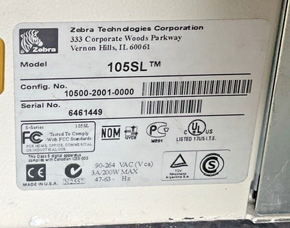 ZEBRA 105SL THERMAL PRINTER 90-264VAC 3A 200W 47-63HZ***PARTS ONLY***