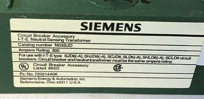 SIEMENS N03SJD NEUTRAL SENSING TRANSFORMER 600VAC 300AMPS