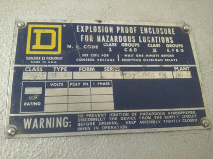 SQUARE D CLASS 8903 TYPE SMR4 8903-SMR4 EXPLOSION PROOF ENCLOSURE SER. A 10x7x7