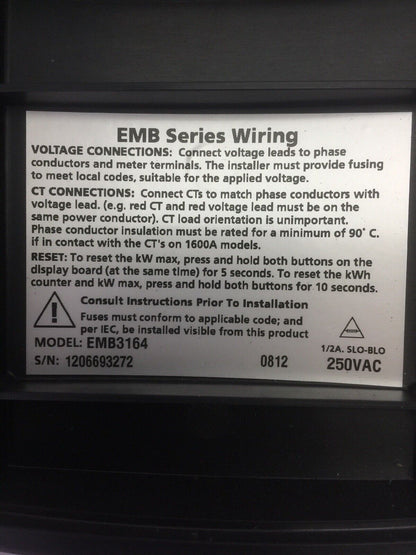 SQUARE D EMB3164 POWER LOGIC ENERGY METER 250VAC