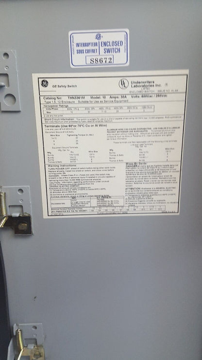 GENERAL ELECTRIC THN3361M, SAFETY SWITCH, 30A, 600VAC, 250V 1, 5, 12 ENCLOSURE