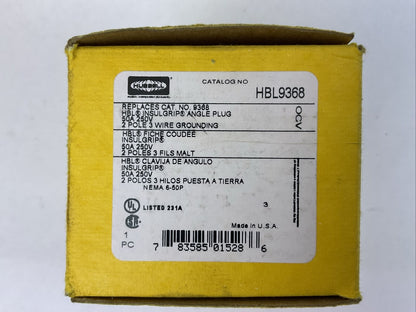 HUBBELL HBL9368 INSULGRIP ANGLE PLUG 50A 250V 2POLE 3 WIRE GROUNDING