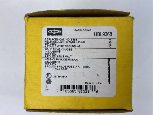 HUBBELL HBL9368 INSULGRIP ANGLE PLUG 50A 250V 2POLE 3 WIRE GROUNDING