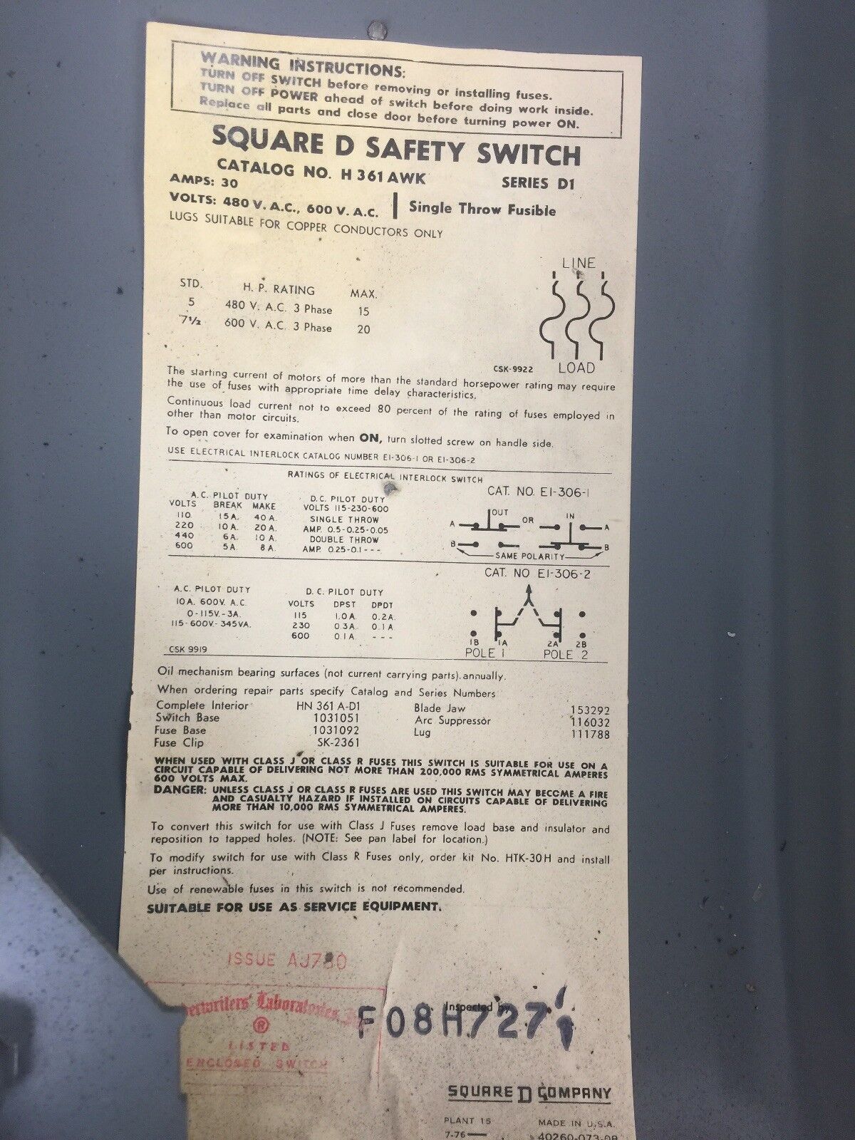 SQUARE D ~ H361AWK~ Heavy Duty Safety Switch 600VAC 30A 20HP 3PH FUSIBLE