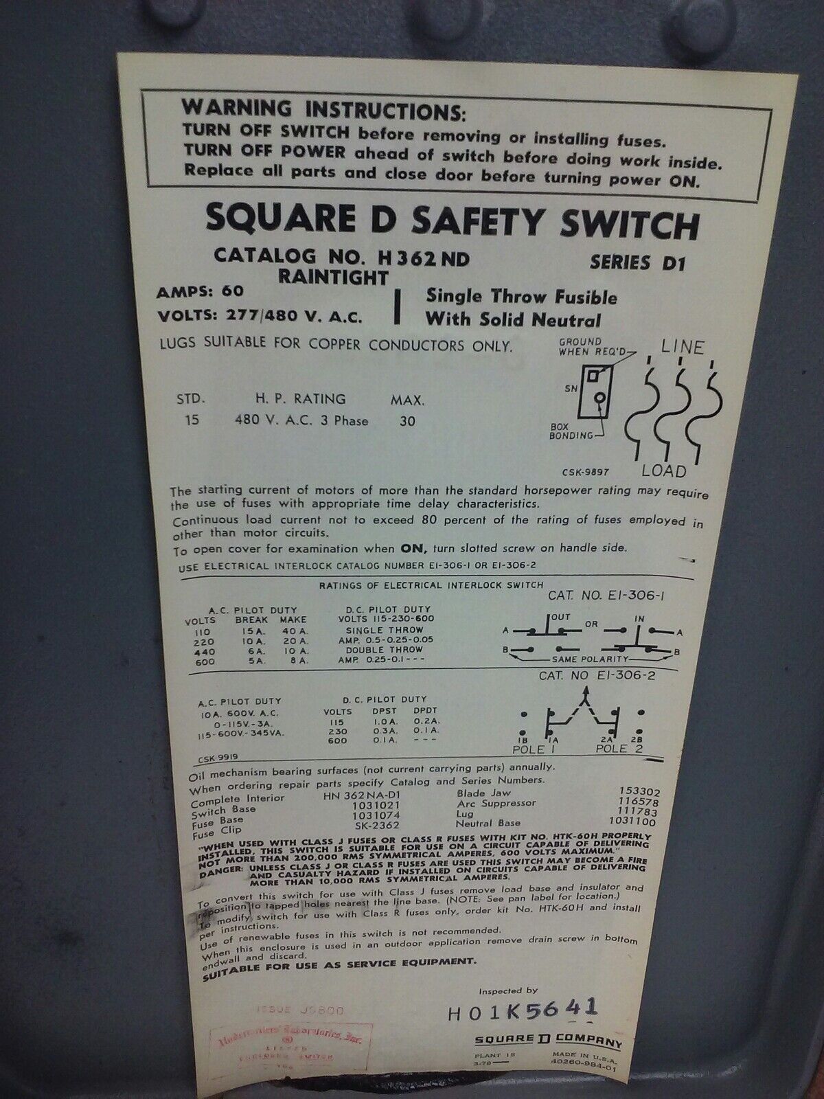 SQUARE D H362ND, H-362-ND, SER. D1,  H.D.SAFETY SWITCH, 60A, 277/480V, 3PH