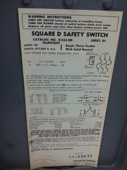 SQUARE D H362ND, H-362-ND, SER. D1,  H.D.SAFETY SWITCH, 60A, 277/480V, 3PH