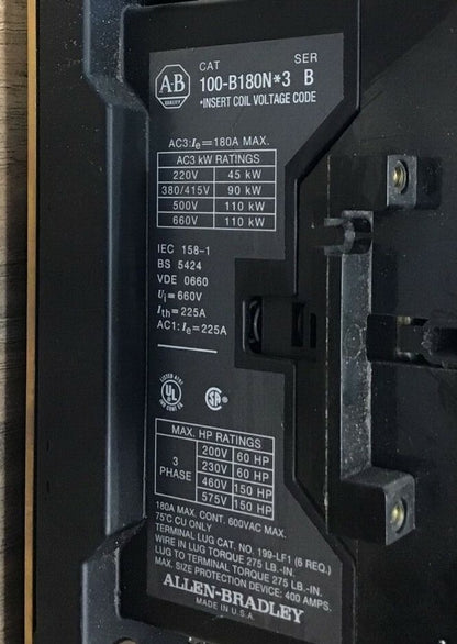 ALLEN BRADLEY 104-B180ND3 REVERSING CONTACTOR SER.A 180A 660V GD473 COIL 120V