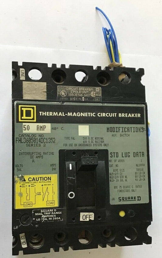 SQUARE D FHL3605014DC1352 CIRCUIT BREAKER 600VDC 50A