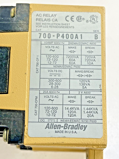 ALLEN BRADLEY - 700-P400A1 SER. A - AC RELAY - 10 A, 600 VAC, 120 V COIL