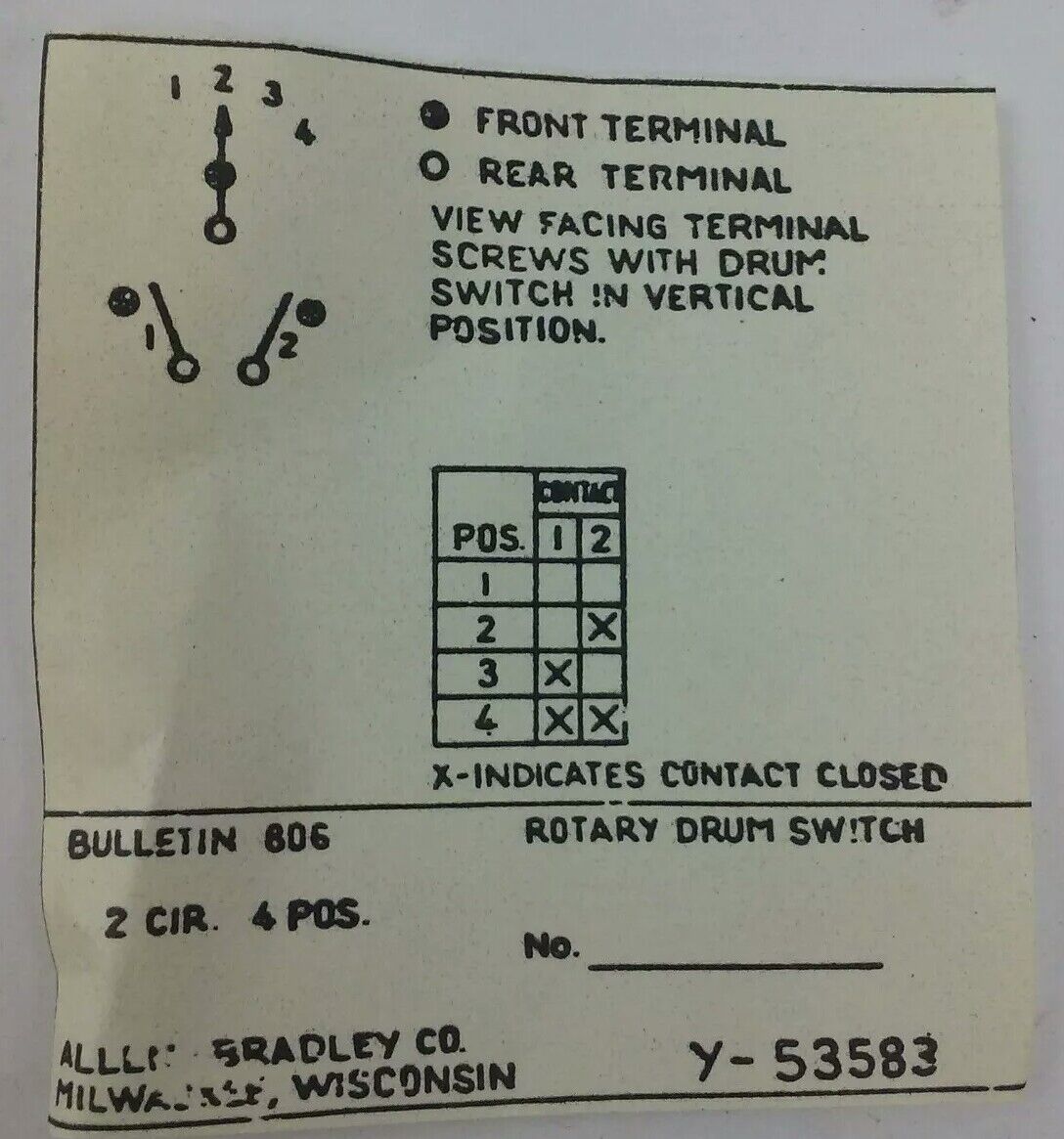 ALLEN BRADLEY E354849/1 ROTARY PILOT SWITCH, SIZE 10, 25A, E354849-1, BUL. 806