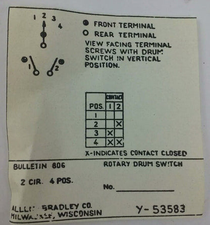 ALLEN BRADLEY E354849/1 ROTARY PILOT SWITCH, SIZE 10, 25A, E354849-1, BUL. 806