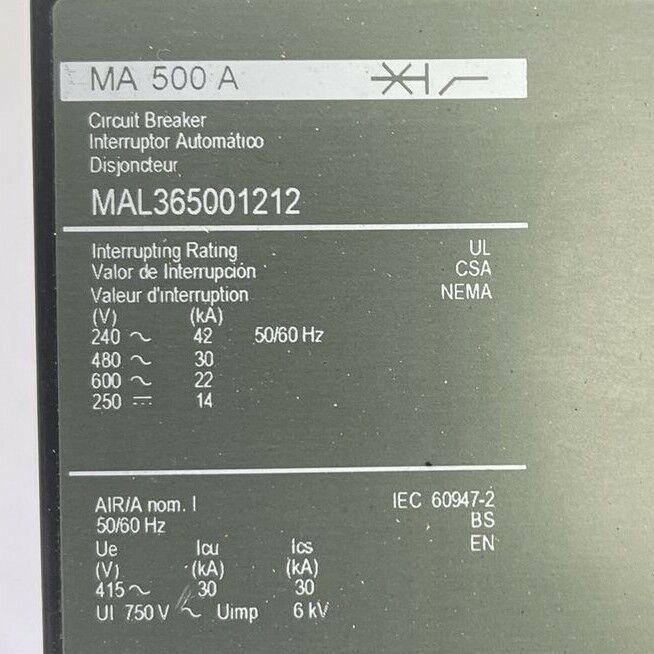 SQUARE D MAL365001212 CIRCUIT BREAKER 600VAC 250VDC 500A 3P MA11212 AUX SWITCH
